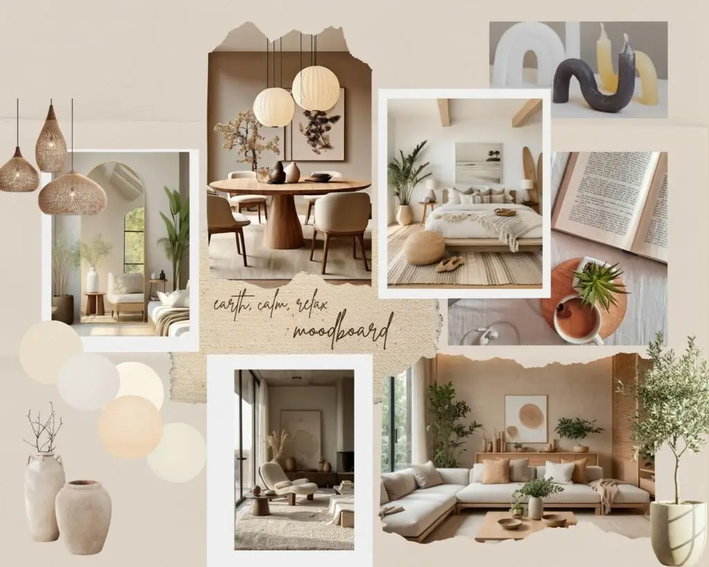 Interior design mood board with furniture and colour samples